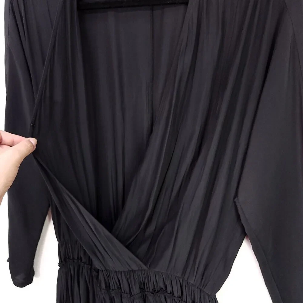 Ramy Brook Mini Dress Size Medium Black Cinched Waist Long Sleeves Satin - Picture 9 of 11